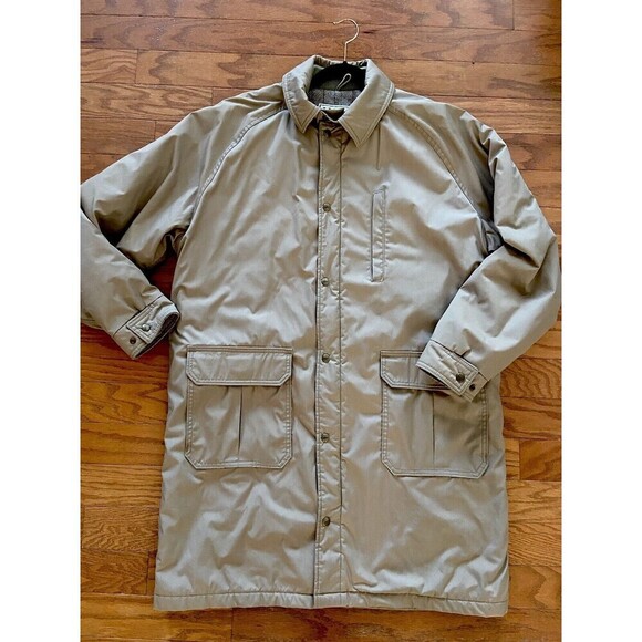 L.L.Bean Coat Mens Large Tan Nylon Parka Wool Lined Snap Front Herringbone Liner - Picture 2 of 16